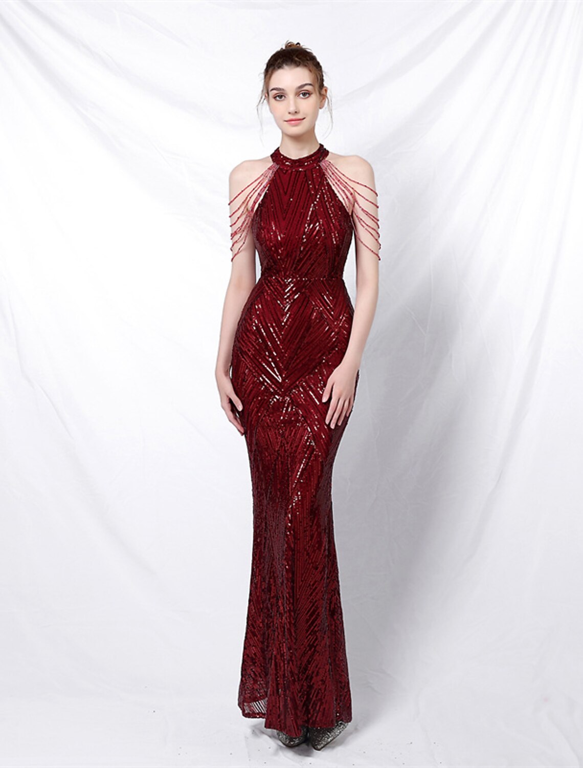 Aimishang Mermaid Party Dress Prom Dresses Sparkle & Shine Dress Formal Wedding Guest Floor Length Sleeveless Halter Neck Sequined with Sequin