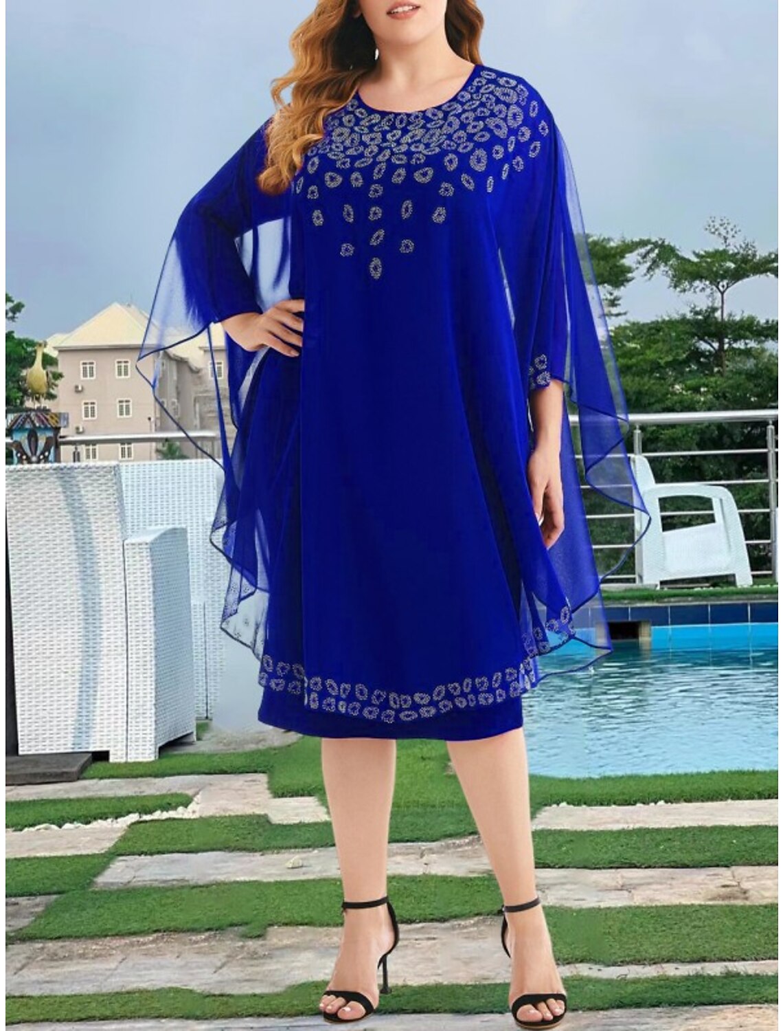 Aimishang Sheath / Column Mother of the Bride Dress Wedding Guest Party Sparkle & Shine Scoop Neck Knee Length Chiffon Long Sleeve with Sequin Ruching