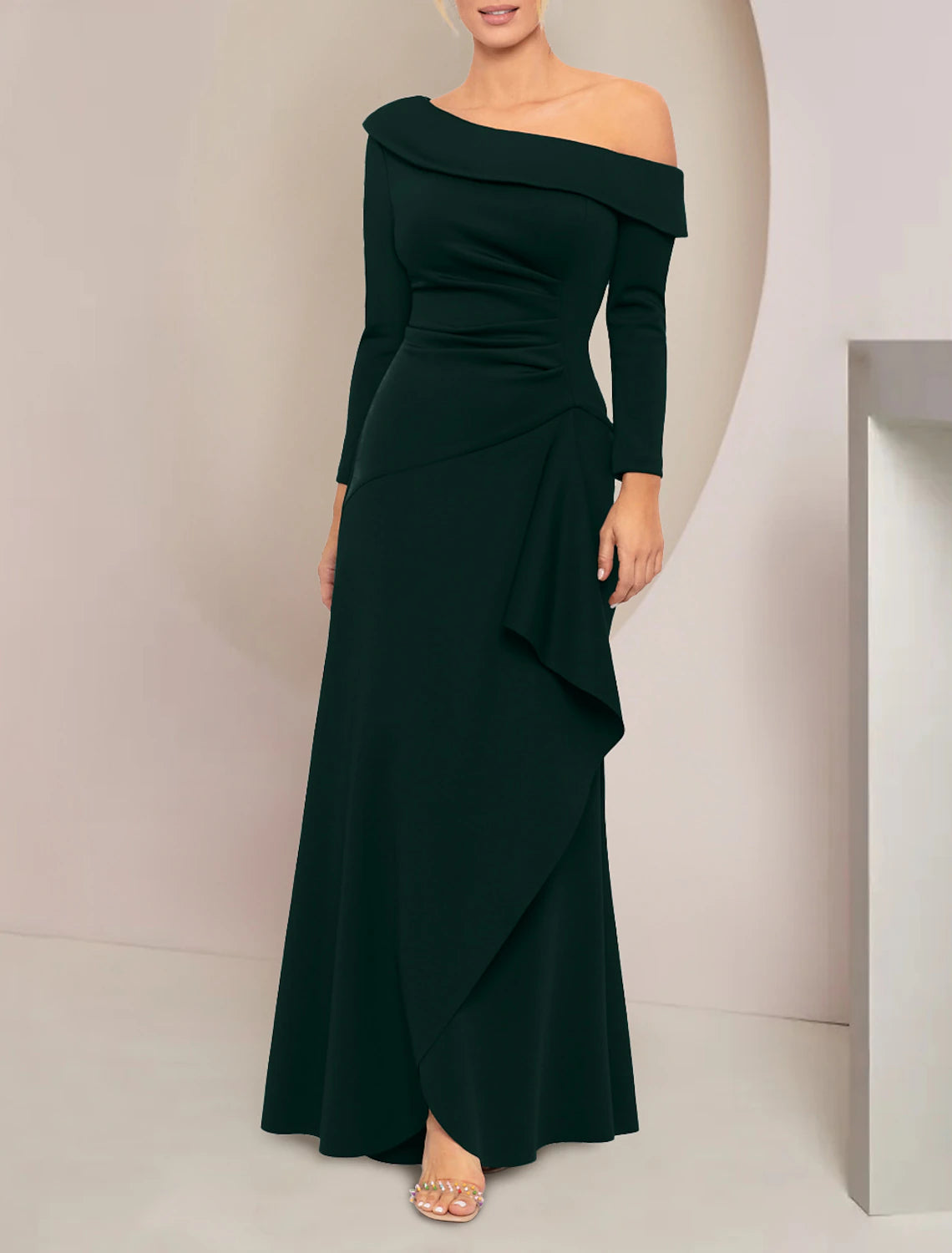 Aimishang A-Line Mother of the Bride Dress Wedding Guest Elegant Party Off Shoulder Floor Length Long Sleeve with Ruffles Ruching Solid Color