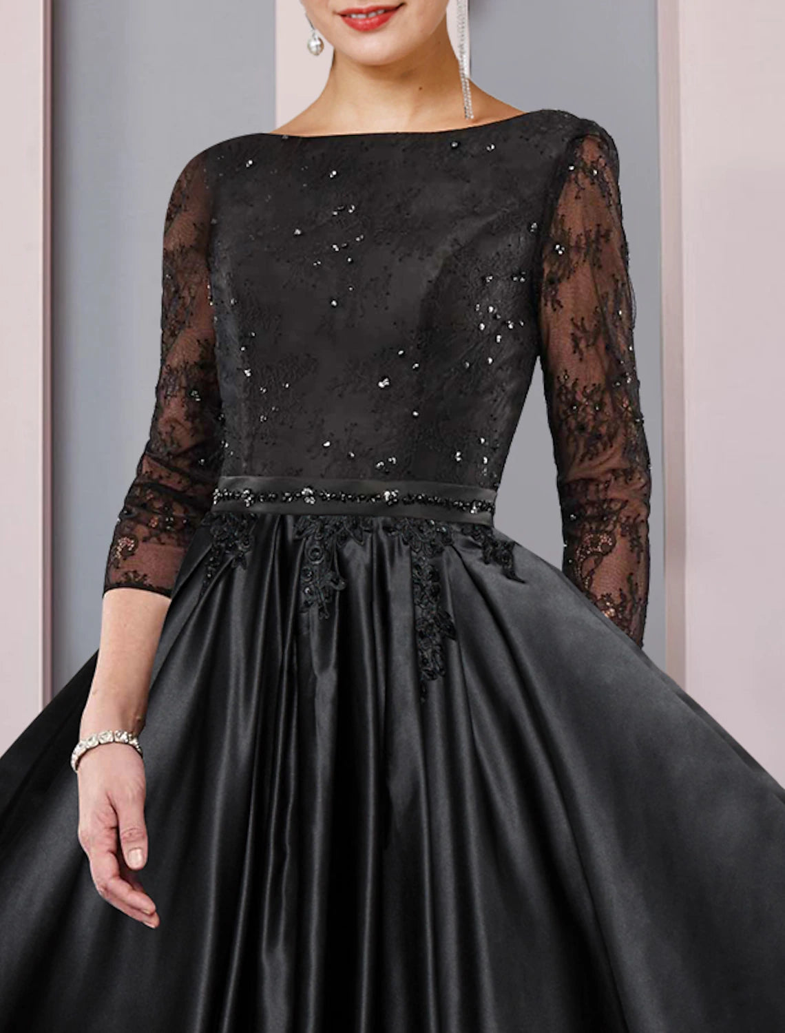 Aimishang A-Line Mother of the Bride Dress Formal Wedding Guest Party Elegant Scoop Neck Tea Length Satin Lace 3/4 Length Sleeve with Sash / Ribbon Pleats