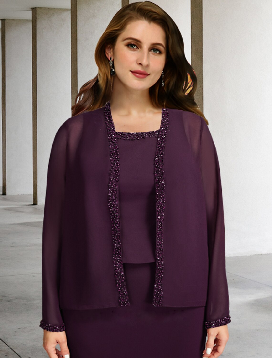 Aimishang Two Piece A-Line Mother of the Bride Dresses Plus Size Hide Belly Curve Elegant Dress Formal Ankle Length Sleeveless Square Neck Chiffon with Beading Ruffles