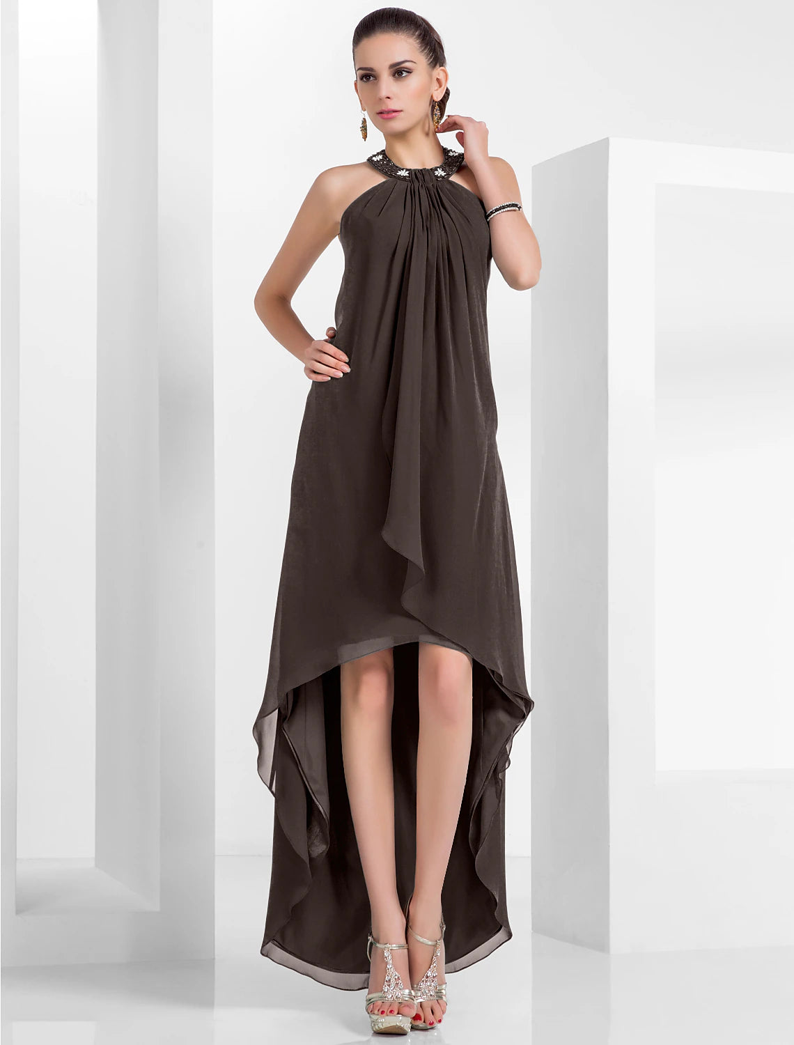 Aimishang A-Line Elegant Dress Wedding Guest Cocktail Party Asymmetrical Sleeveless Halter Neck Chiffon Backless with Pleats Beading