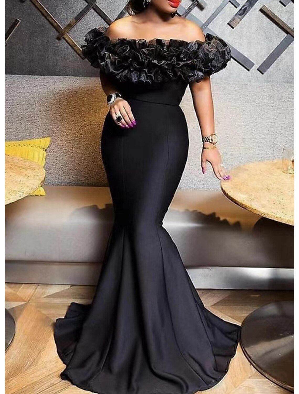 Aimishang Mermaid Evening Gown Emerald Green Dress Red Green Dress Engagement Sweep / Brush Train Short Sleeve Off Shoulder Satin with Sleek