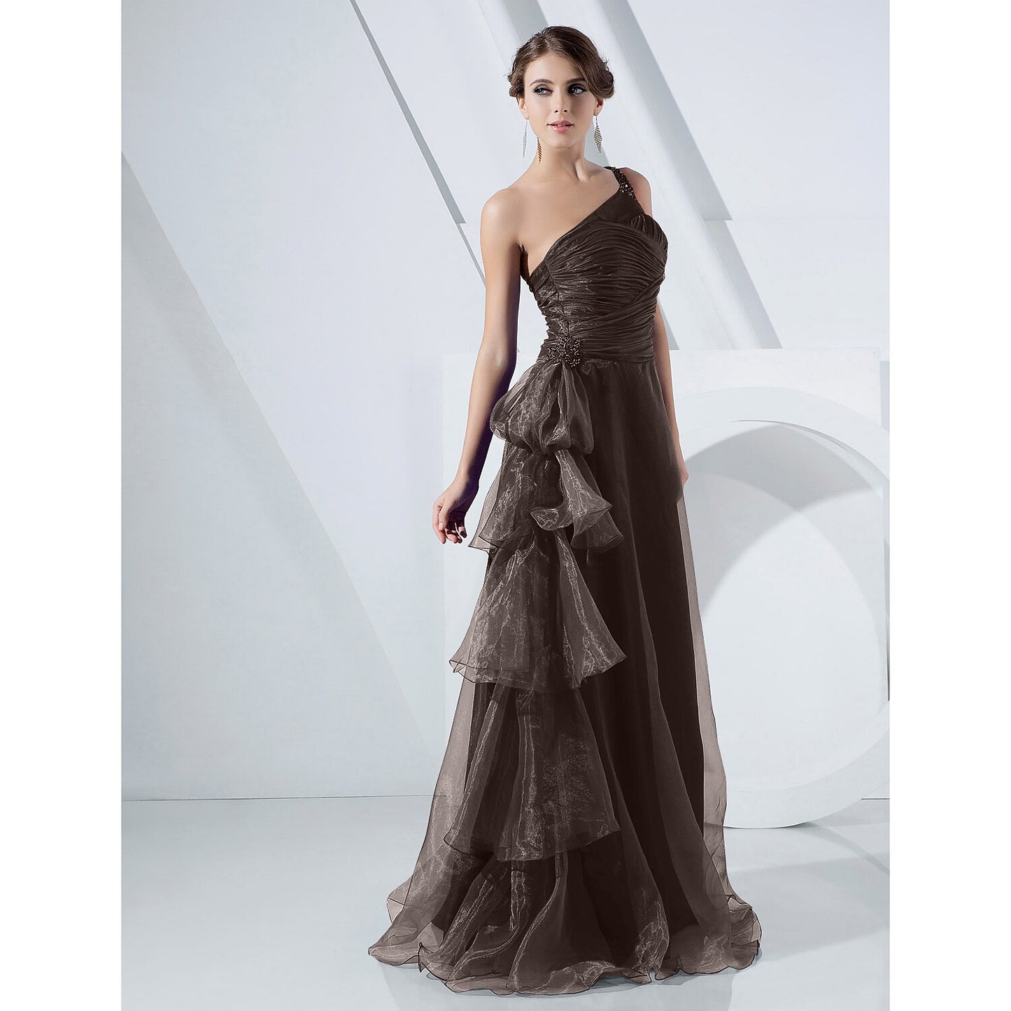 Aimishang A-Line Elegant Dress Formal Evening Military Ball Floor Length Sleeveless One Shoulder Organza with Side Draping Cascading Ruffles