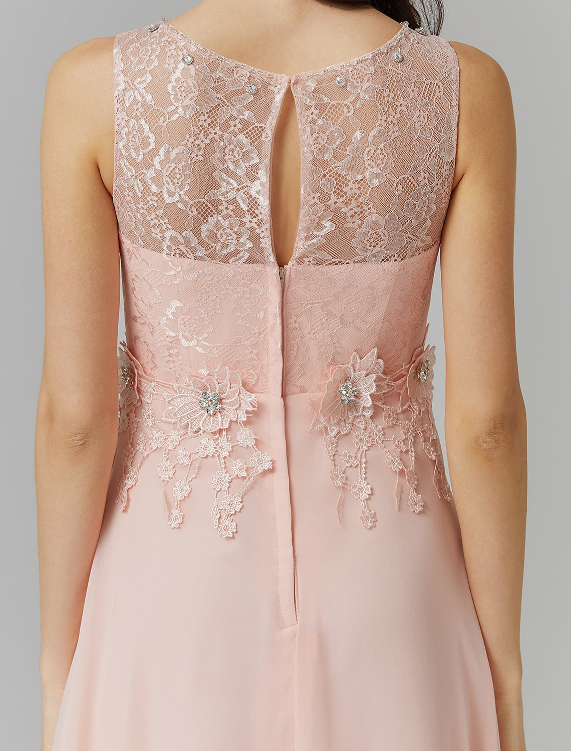 Aimishang A-Line Empire Dress Wedding Guest Floor Length Sleeveless Illusion Neck Chiffon with Beading Appliques