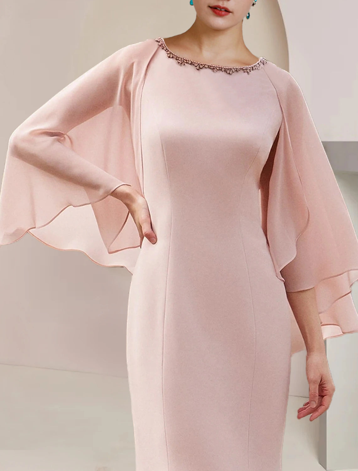 Aimishang Mermaid / Trumpet Mother of the Bride Dress Formal Wedding Guest Party Vintage Elegant Scoop Neck Asymmetrical Tea Length Chiffon Sleeveless with Beading