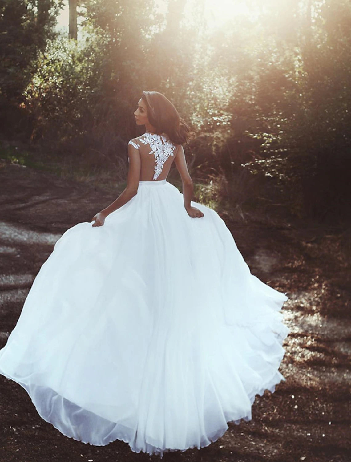 Aimishang Beach Open Back Wedding Dresses A-Line Illusion Neck Cap Sleeve Court Train Chiffon Bridal Gowns With Pleats Split Front Summer Wedding Party