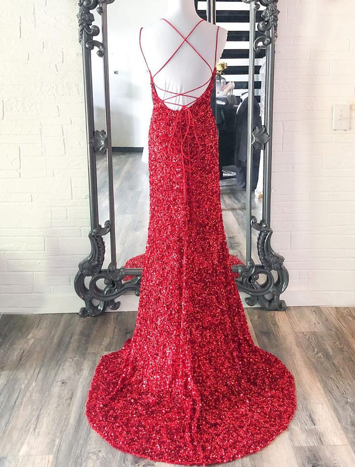 Aimishang Mermaid / Trumpet Prom Dresses Sparkle & Shine Dress Wedding Guest Party Wear Floor Length Sleeveless Spaghetti Strap Sequined with Sequin Slit