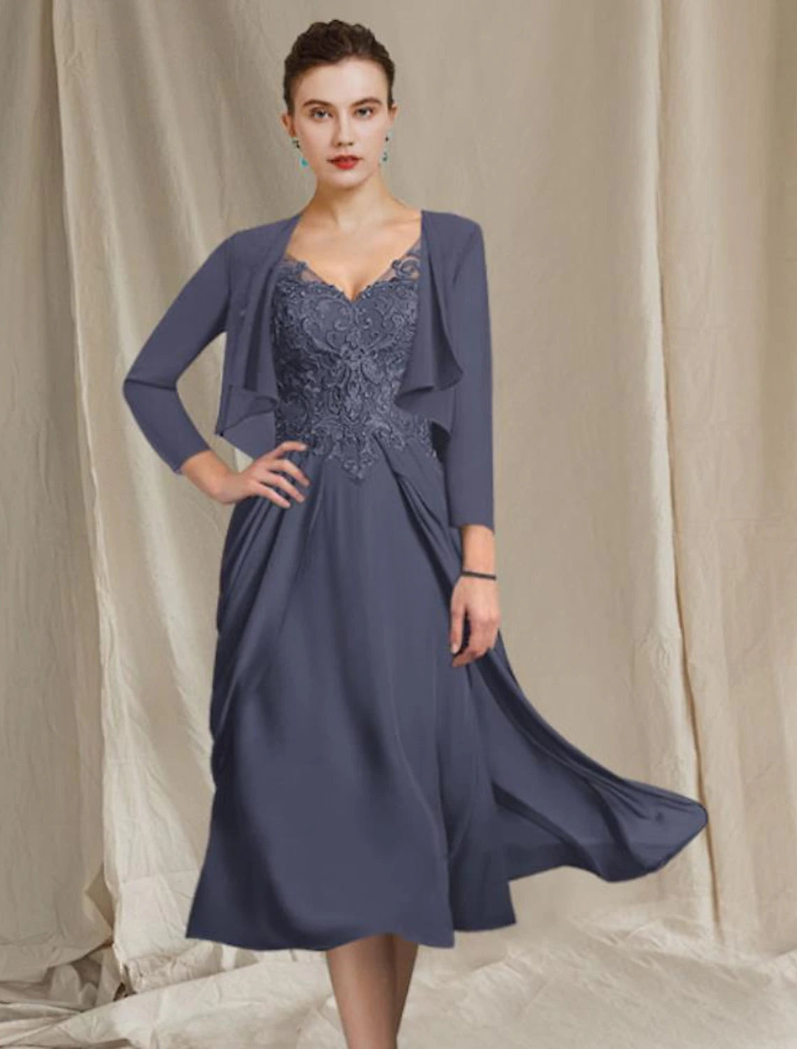Aimishang A-Line Mother of the Bride Dress Plus Size Elegant V Neck Tea Length Chiffon Lace Short Sleeve Wrap Included with Appliques