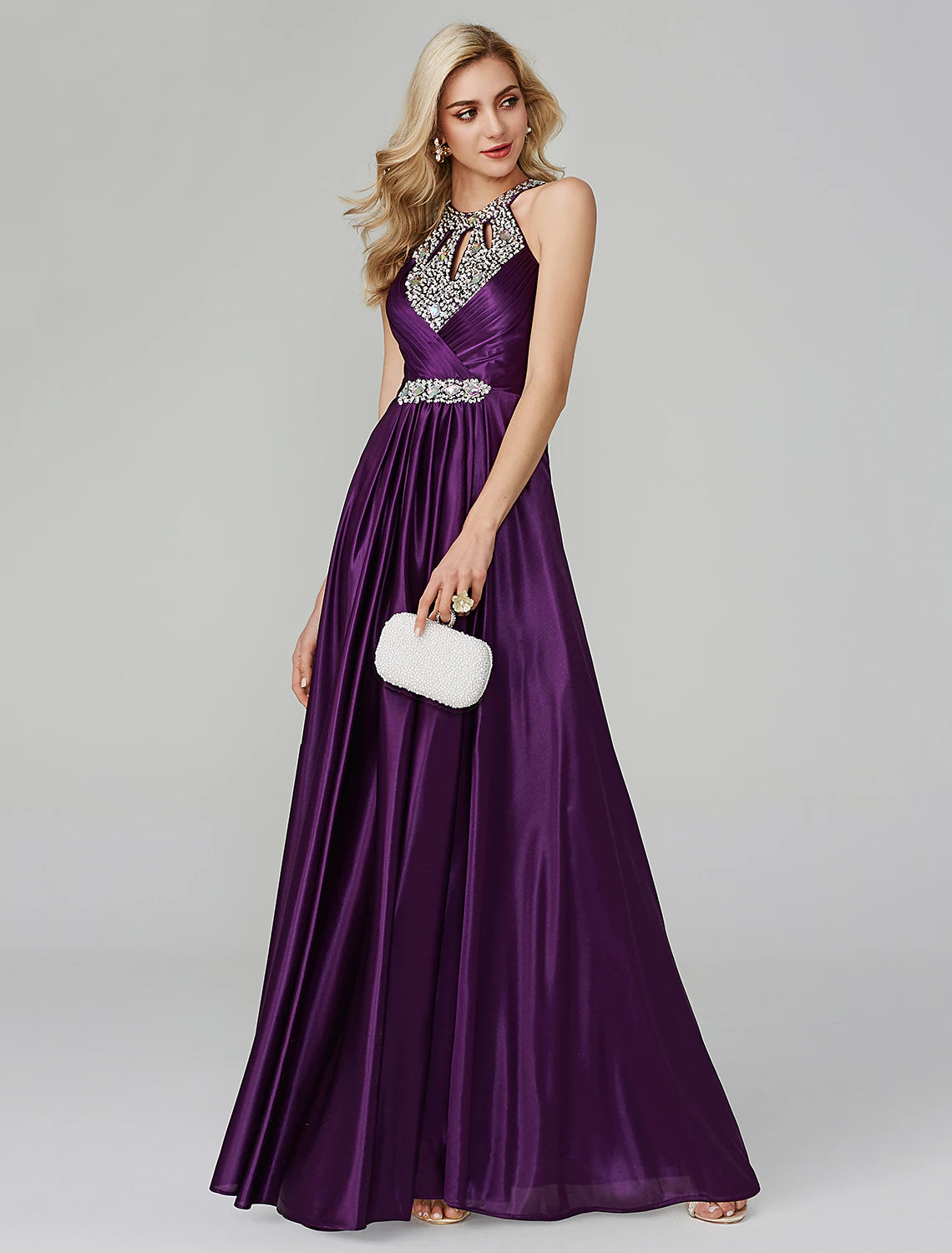 Aimishang A-Line Prom Dress Party Wear Floor Length Sleeveless Halter Silk Backless with Crystals