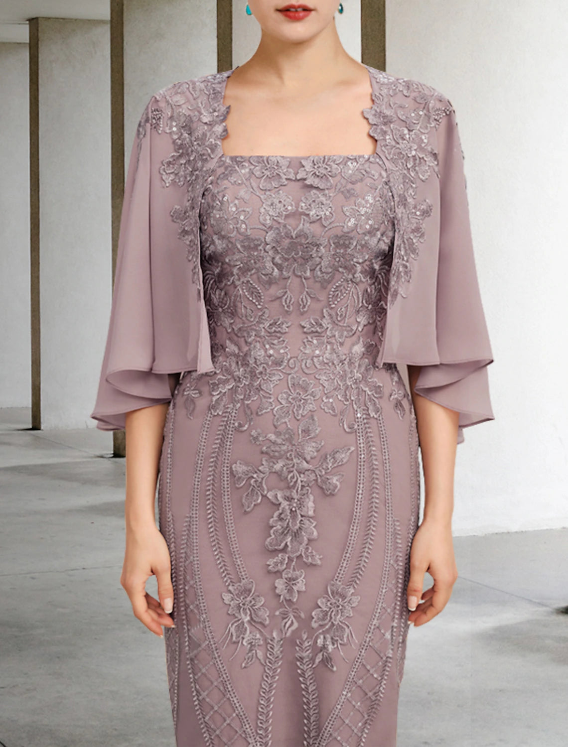 Aimishang Sheath / Column Mother of the Bride Dress Vintage Elegant Square Neck Knee Length Chiffon Lace Sleeveless Jacket Dresses with Appliques