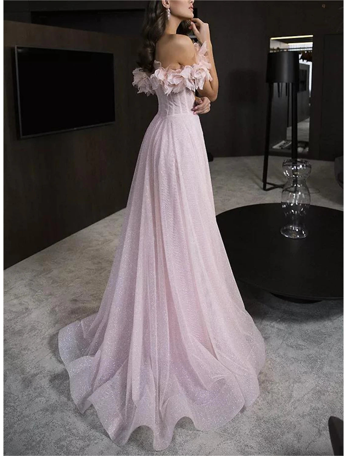 Aimishang A-Line Prom Dresses Glittering Dress Prom Birthday Floor Length Sleeveless Off Shoulder Tulle with Glitter Crystals