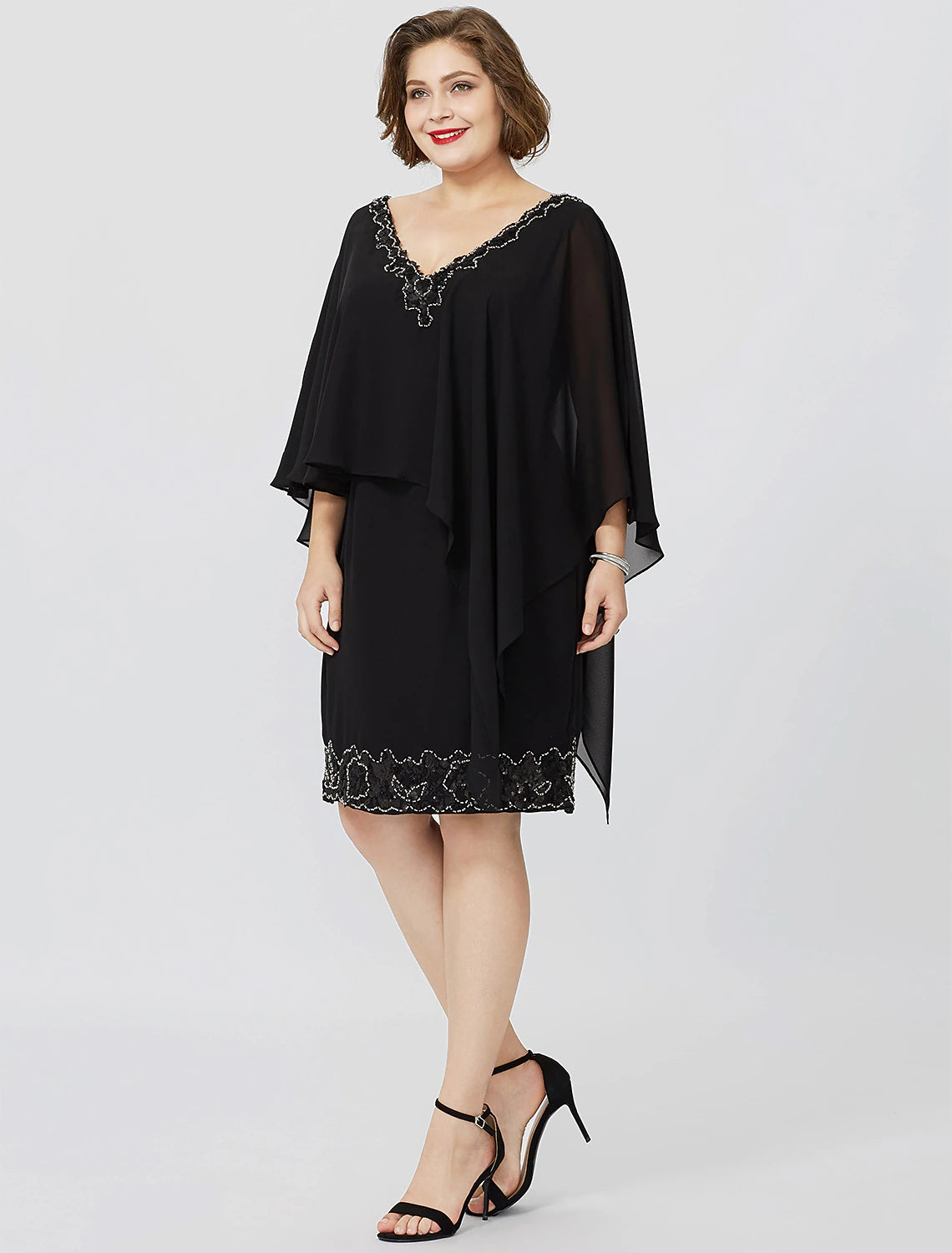 Aimishang Sheath / Column Mother of the Bride Dress Formal Classic & Timeless Elegant & Luxurious Plus Size V Neck Knee Length Chiffon Sleeveless No with Crystals Beading