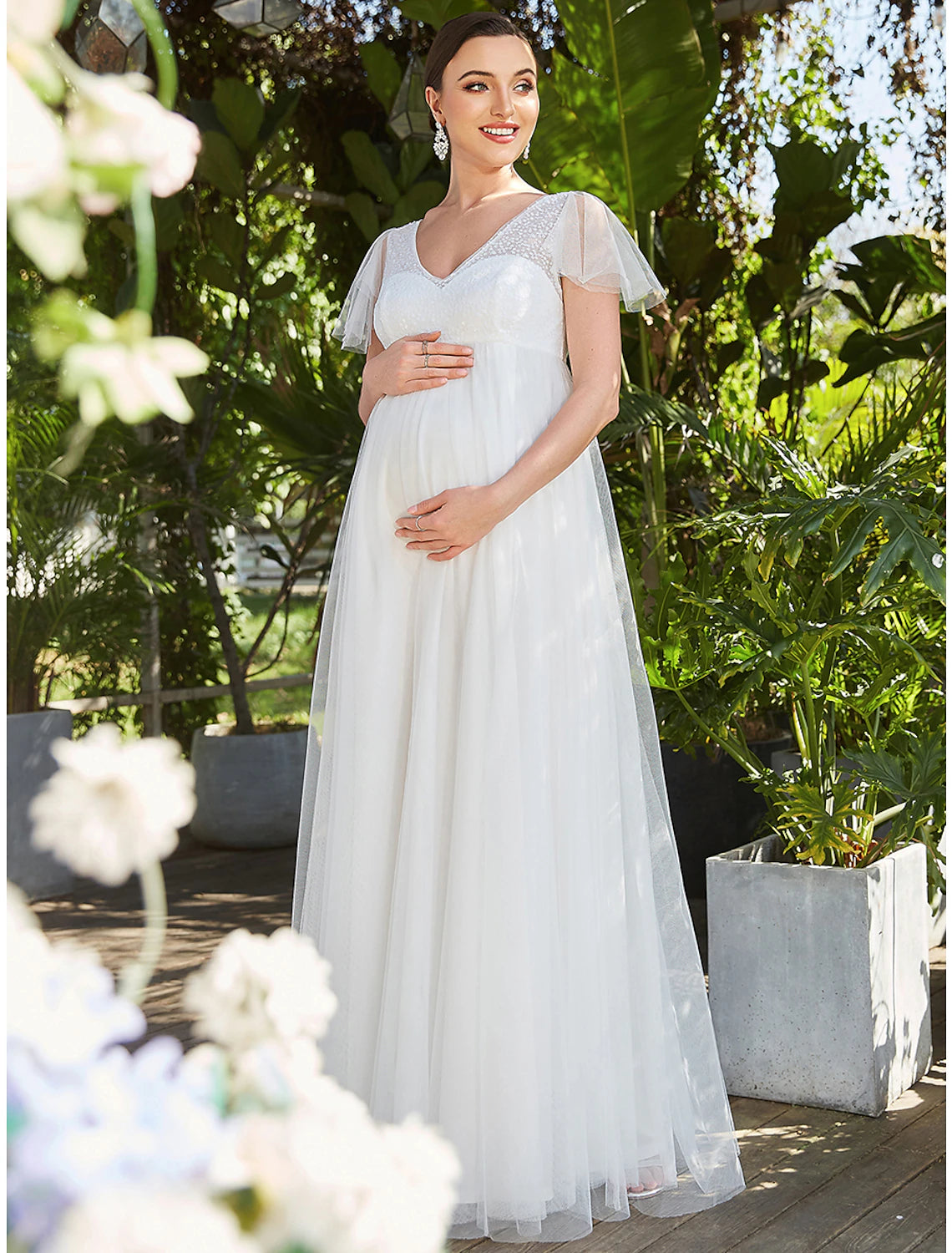 Aimishang A-Line Evening Gown Maternity Dress Wedding Guest Formal Evening Floor Length Short Sleeve V Neck Bridesmaid Dress Tulle V Back with Pure Color Tiered