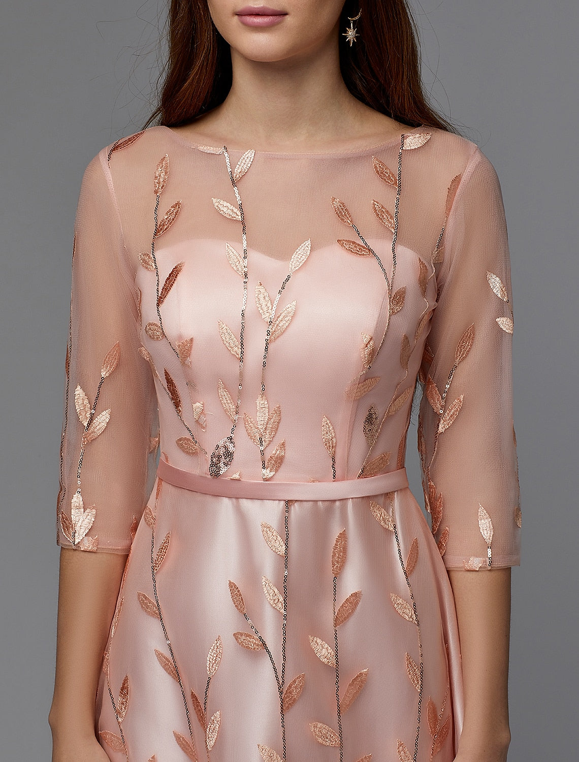 Aimishang A-Line Floral Dress Wedding Guest Floor Length 3/4 Length Sleeve Illusion Neck Bridesmaid Dress Lace with Pattern / Print Appliques