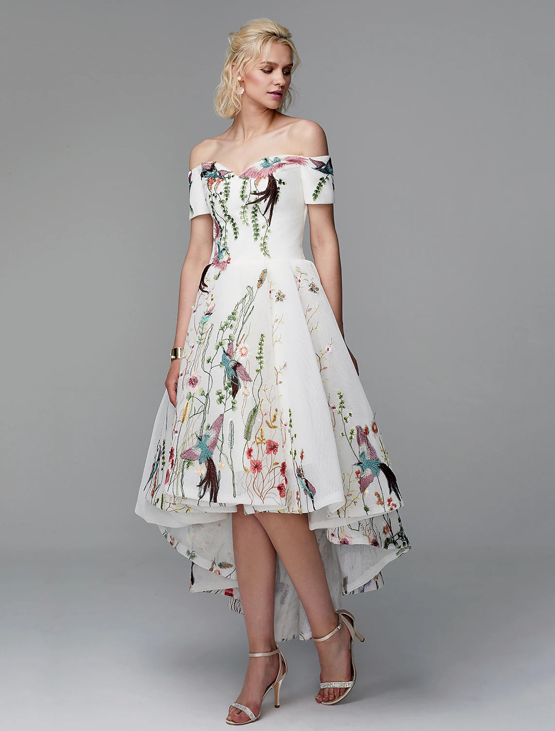 Aimishang Ball Gown Cute Dress Wedding Guest Cocktail Party Asymmetrical Short Sleeve Off Shoulder Polyester with Embroidery