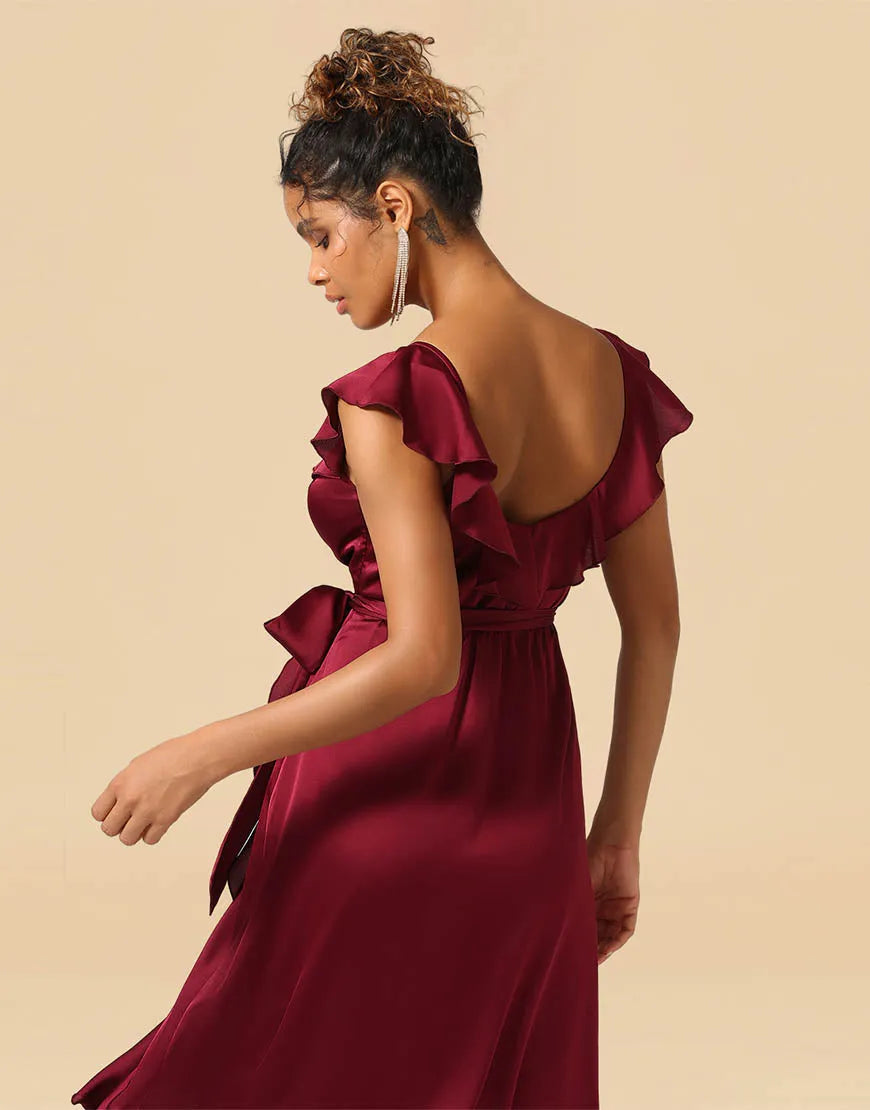 Wholesale Bridesmaid Dress Asymmetrical V-Neck Satin With Ruffle