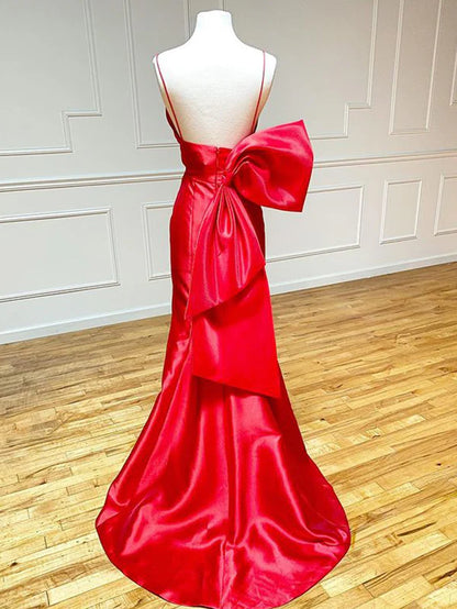 Wholesale Fashion Red Evening Dress Satin Mermaid V Neck Long Prom Dress With Bow Tie