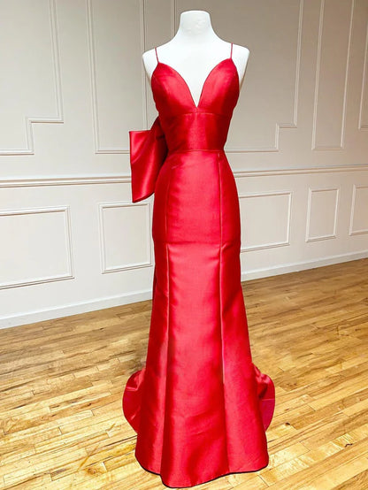 Wholesale Fashion Red Evening Dress Satin Mermaid V Neck Long Prom Dress With Bow Tie