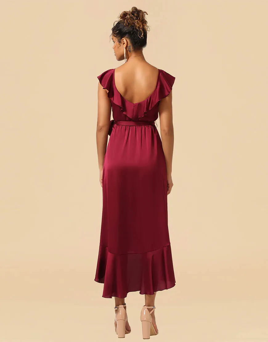 Wholesale Bridesmaid Dress Asymmetrical V-Neck Satin With Ruffle