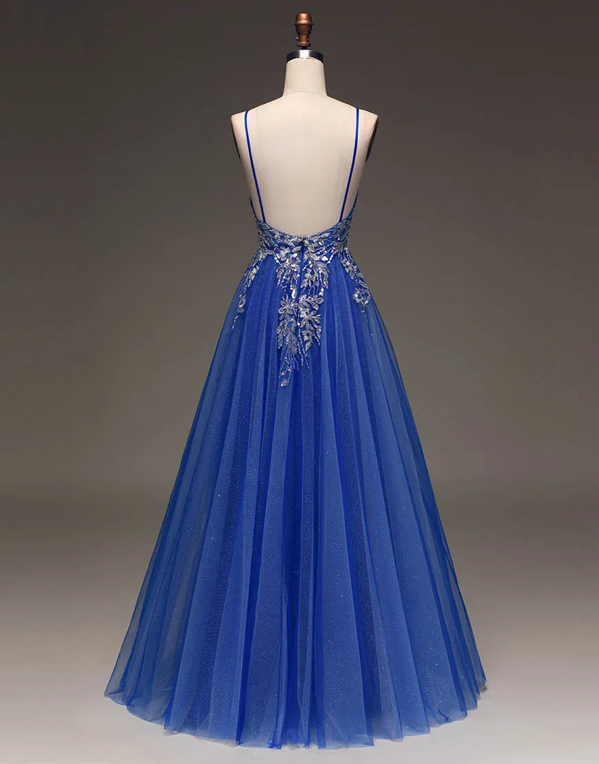 Wholesale Royal Blue Spaghetti Straps Long Glitter A-Line Tulle Prom Dress