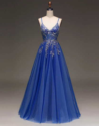 Wholesale Royal Blue Spaghetti Straps Long Glitter A-Line Tulle Prom Dress