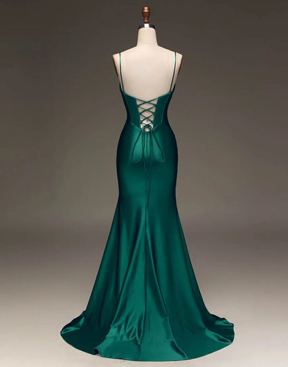 Wholesale Simple Dark Green Spaghetti Straps Lace Up Long Tight Satin Prom Dress