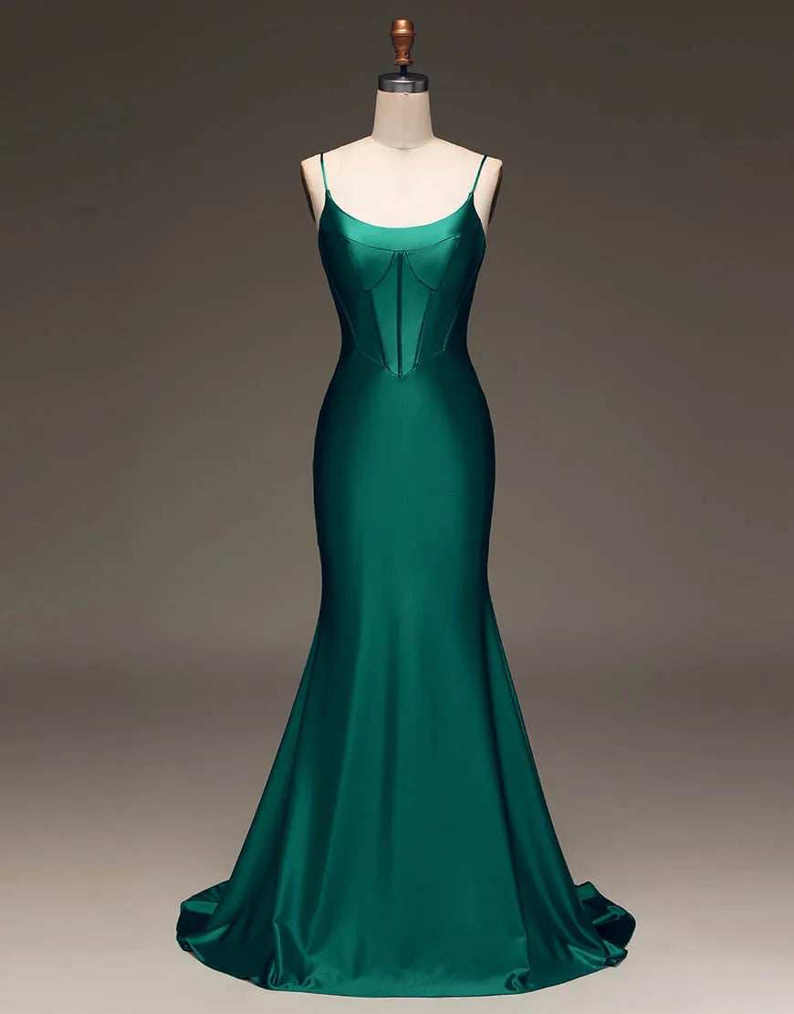 Wholesale Simple Dark Green Spaghetti Straps Lace Up Long Tight Satin Prom Dress