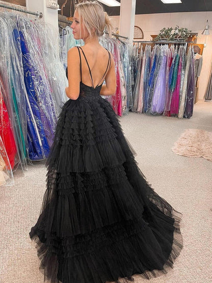 Wholesale Fashion Black Evening Dress V Neck Asymmetrical Tulle Long Prom Dress