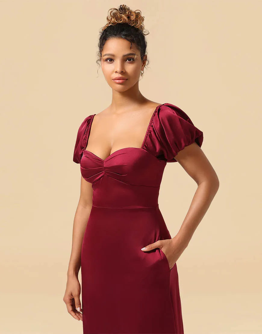 Wholesale Bridesmaid Dresses Sheath Tea Length Puff Sleeves Satin With Split