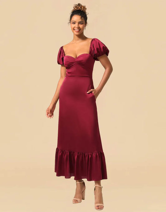 Wholesale Bridesmaid Dresses Sheath Tea Length Puff Sleeves Satin With Split