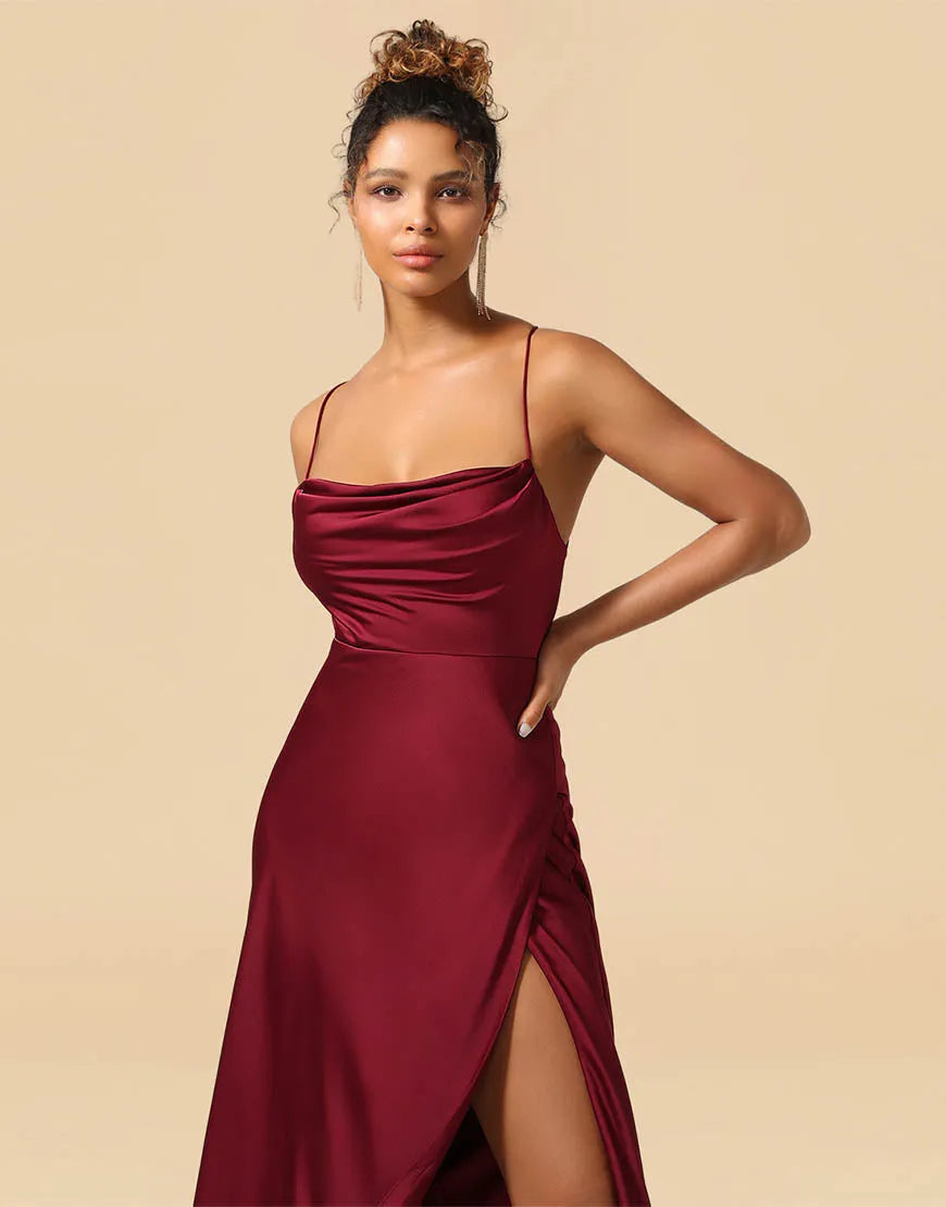 Wholesale Bridesmaid Dresses Satin Spaghetti Straps Lace Up With Pockets