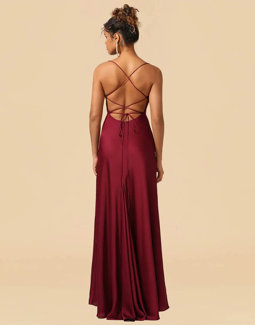 Wholesale Bridesmaid Dresses Satin Spaghetti Straps Lace Up With Pockets