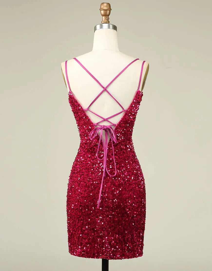 Wholesale Sparkly Sequin Double Spaghetti Straps Tight Homecoming Dress