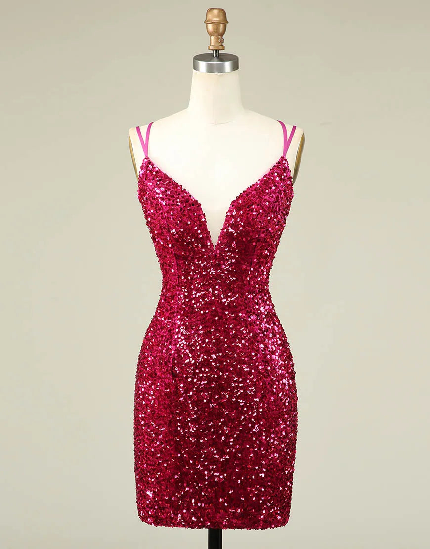 Wholesale Sparkly Sequin Double Spaghetti Straps Tight Homecoming Dress