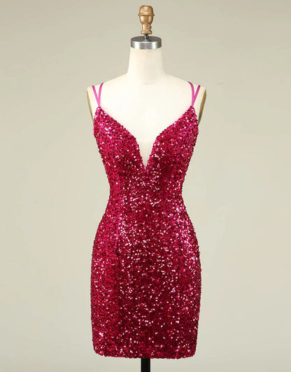 Wholesale Sparkly Sequin Double Spaghetti Straps Tight Homecoming Dress