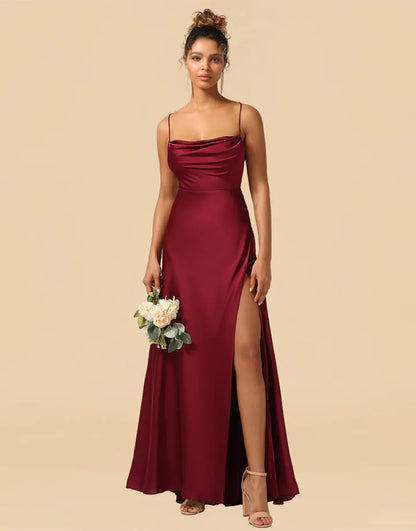 Wholesale Bridesmaid Dresses Satin Spaghetti Straps Lace Up With Pockets