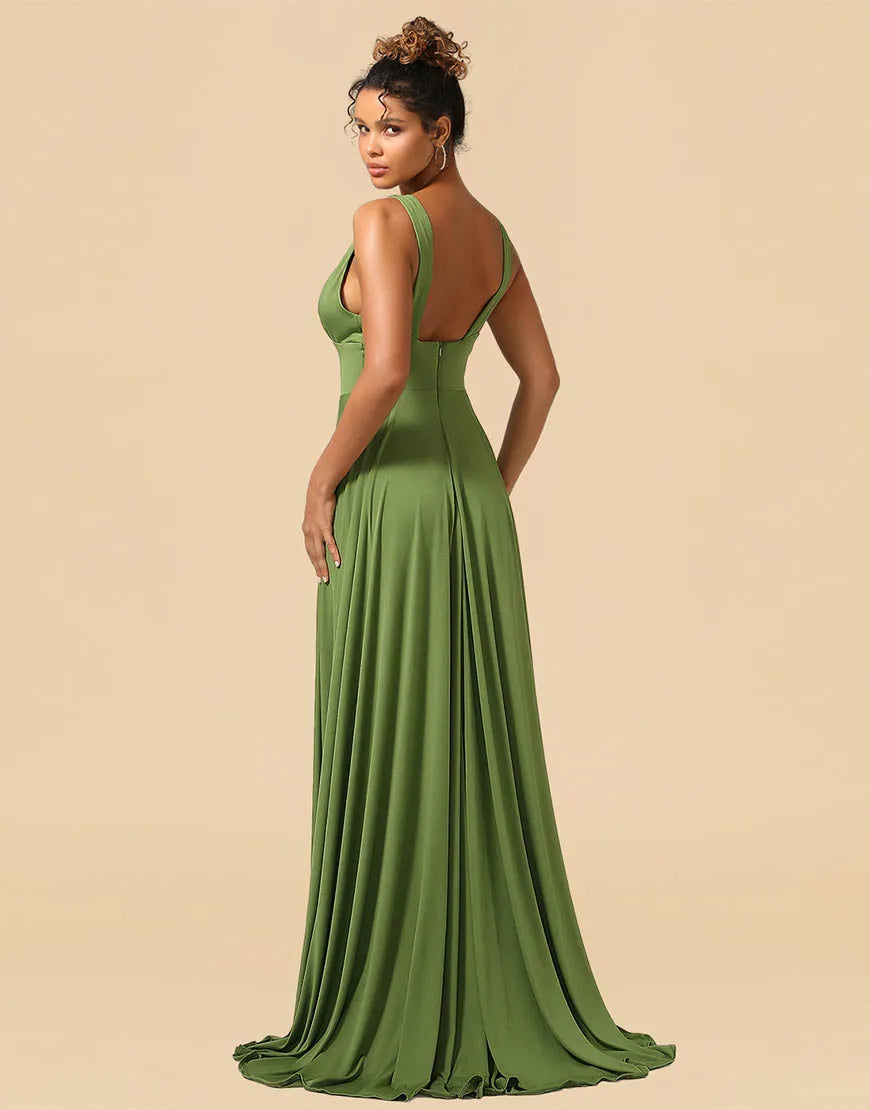 Wholesale Bridesmaid Dress A-Line Deep V-neck Floor Length Spandex with Split