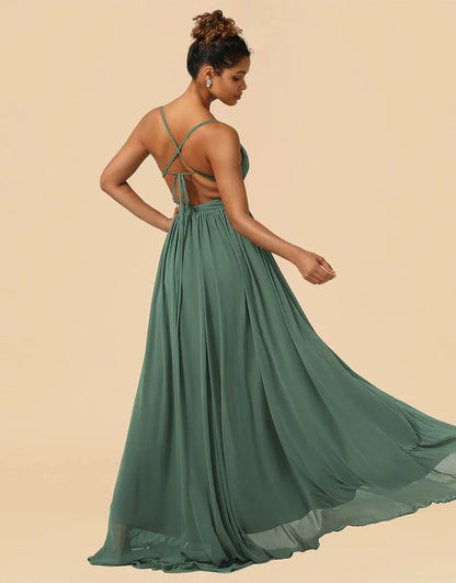 Wholesale A-Line Bridesmaid Dress Spaghetti Straps Floor Length Chiffon with Split