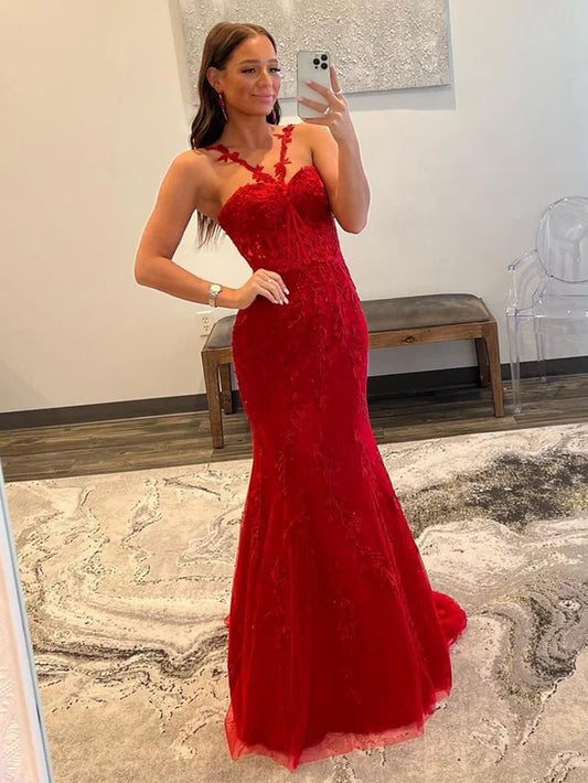 Wholesale Red Mermaid Evening Dress Halter Lace Mermaid Long Prom Dress