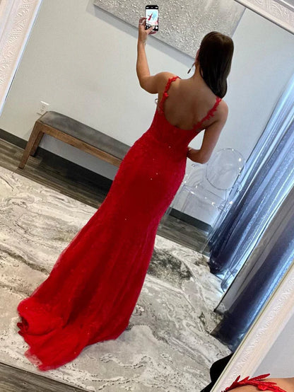 Wholesale Red Mermaid Evening Dress Halter Lace Mermaid Long Prom Dress