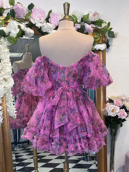 Wholesale A Line Evening Dress Off the Shoulder Floral Printed Homecoming Dress