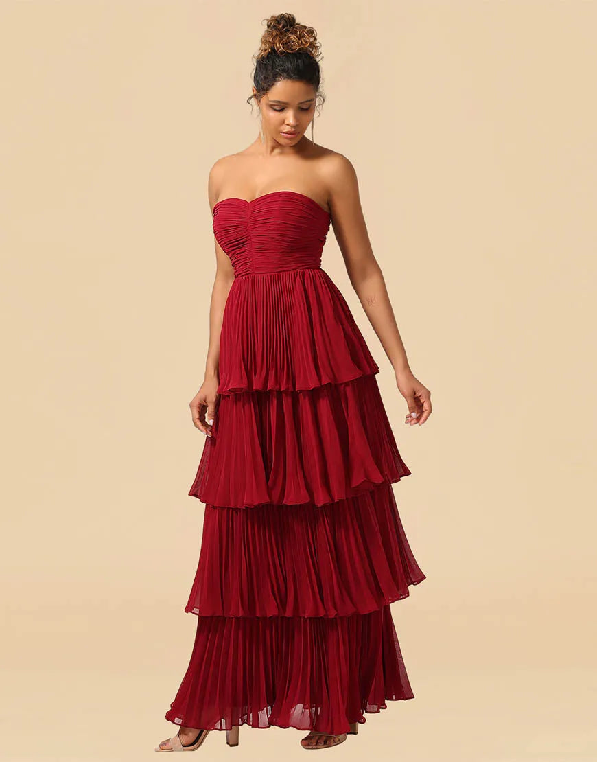 Wholesale Bridesmaid Dress A-Line Strapless Long Tiered Chiffon