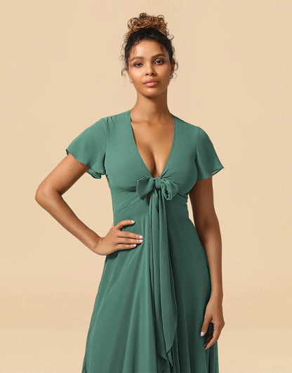 Wholesale Bridesmaid Dress A-Line Tea Length Cap Sleeves Chiffon