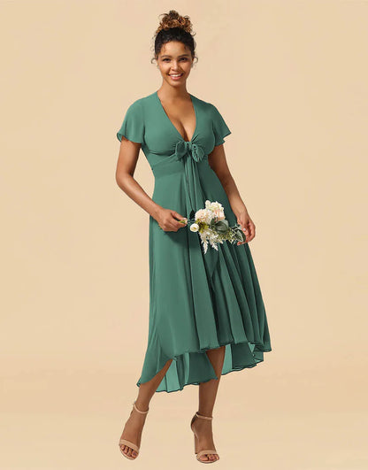 Wholesale Bridesmaid Dress A-Line Tea Length Cap Sleeves Chiffon