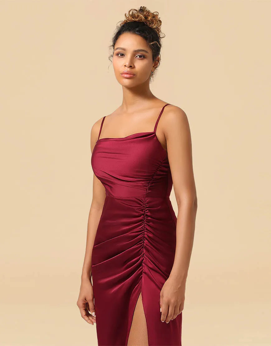 Wholesale Bridesmaid Dress Sheath Spaghetti Straps Satin With Split