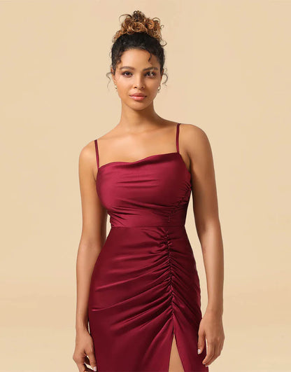 Wholesale Bridesmaid Dress Sheath Spaghetti Straps Satin With Split