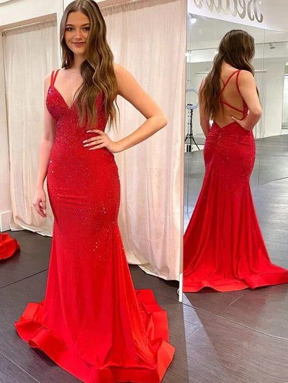 Wholesale Elegant Mermaid Evening Dress V Neck Beaded Jersey Prom Dress