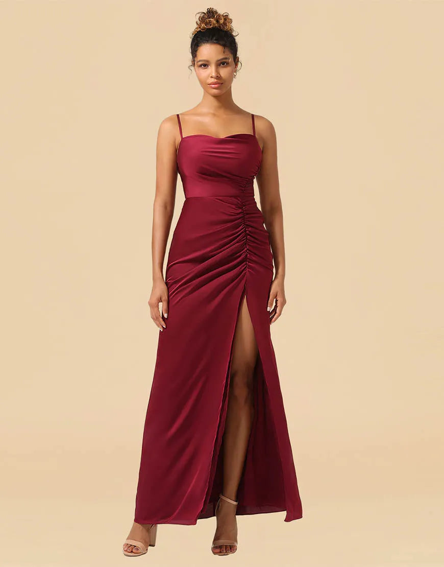 Wholesale Bridesmaid Dress Sheath Spaghetti Straps Satin With Split