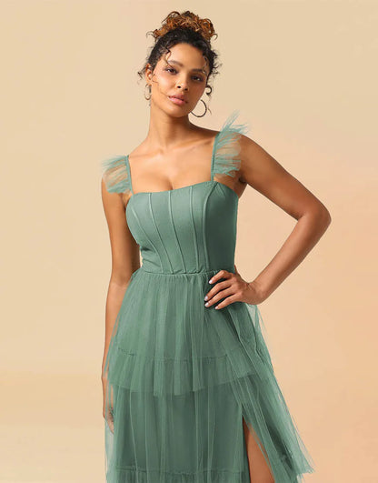 Wholesale Bridesmaid Dress A-Line Detachable Straps Lace Up Tulle With Split